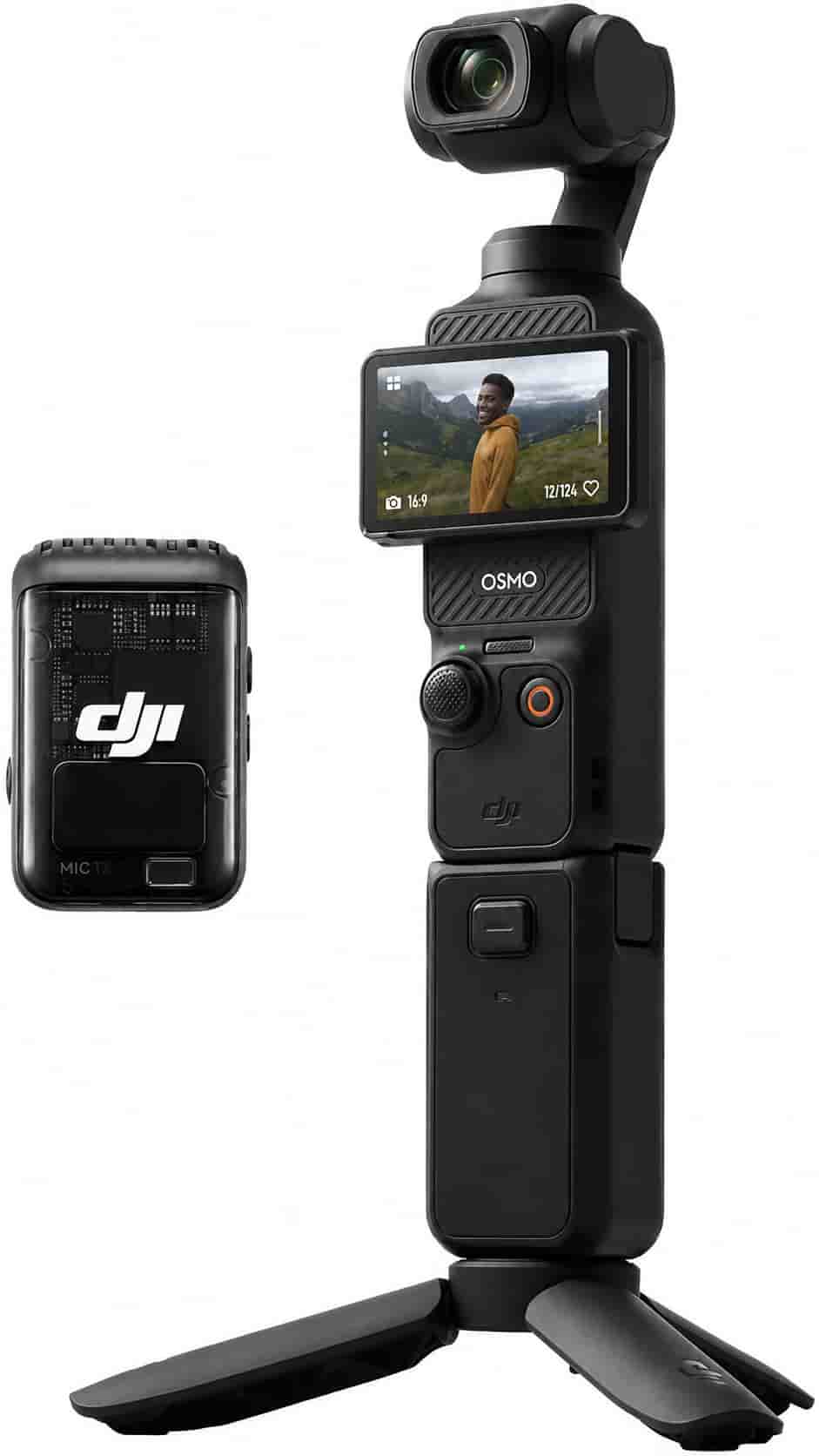 DJI Osmo Pocket 3 Creator Combo vlogging camera with wireless mic, wide angle lens, and battery handle