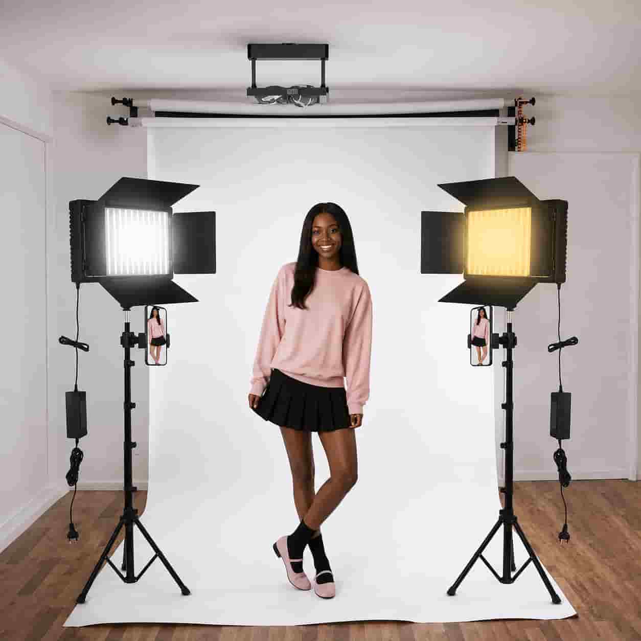 Pro LED 800 bi-color video light panel with metal barn doors and tripod mount