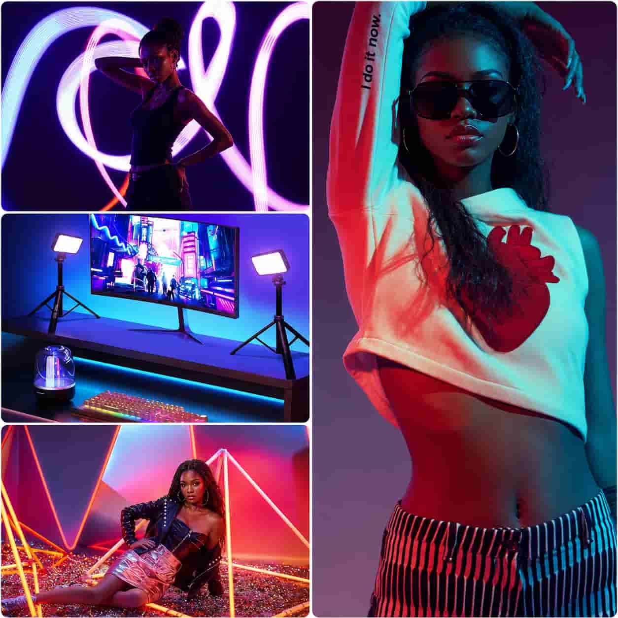 Ulanzi LM-P40 RGB Video Light mounted on camera hot shoe emitting bright purple light.