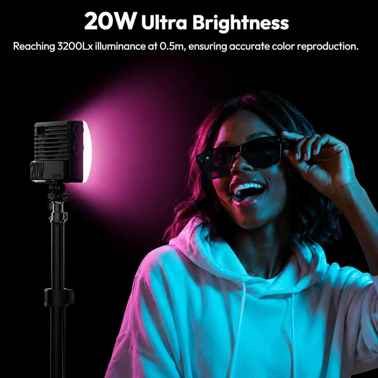Ulanzi LE-20 20W RGB LED Light handheld stick light bar emitting neon red and blue light.