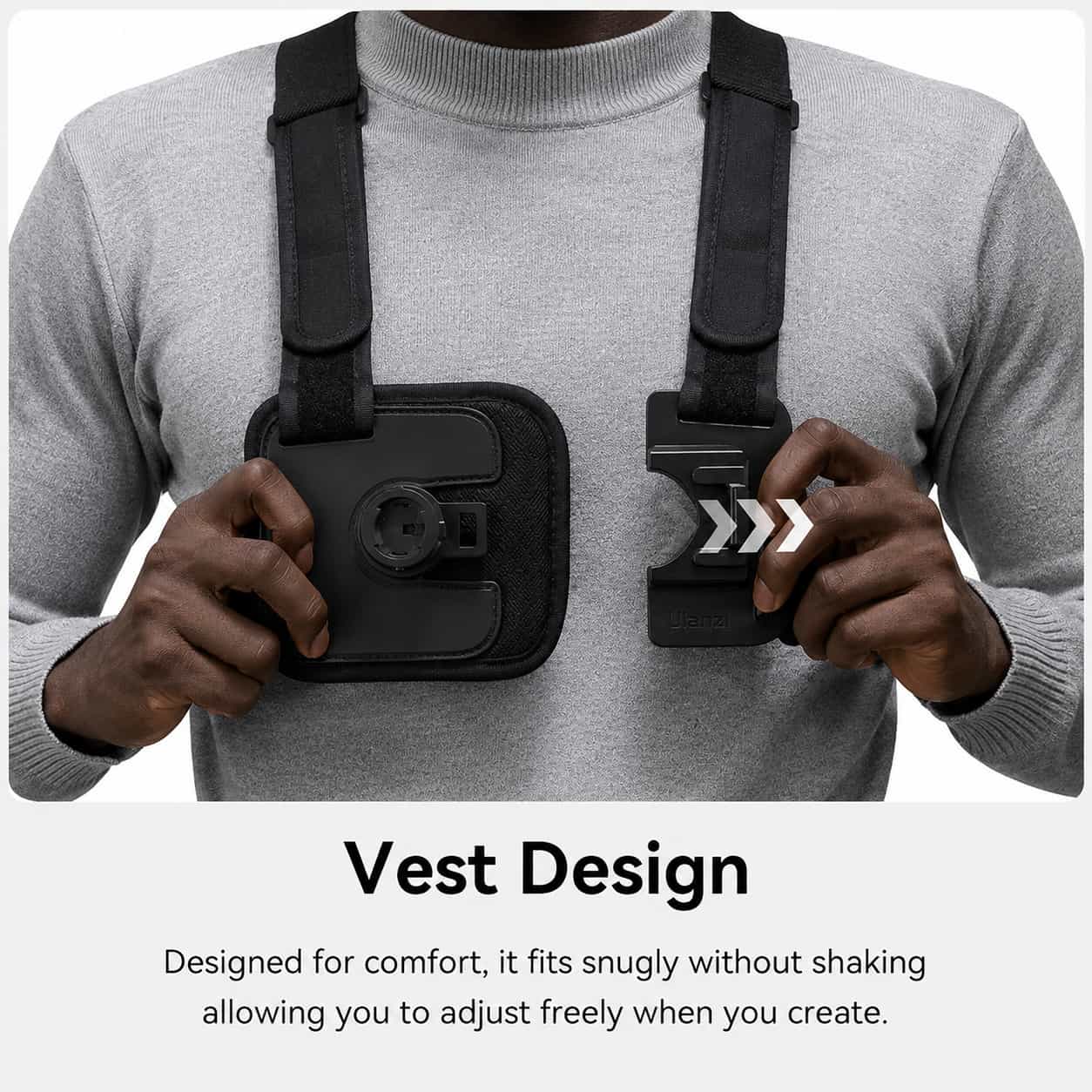 Ulanzi CM028 Go-Quick II Magnetic Chest Mount Harness worn on chest with smartphone mounted.
