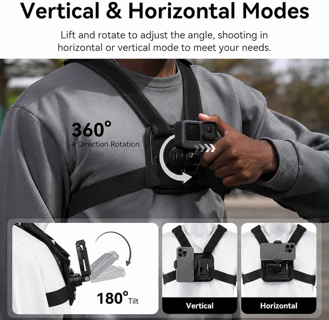 Ulanzi CM028 Go-Quick II Magnetic Chest Mount Harness worn on chest with smartphone mounted.