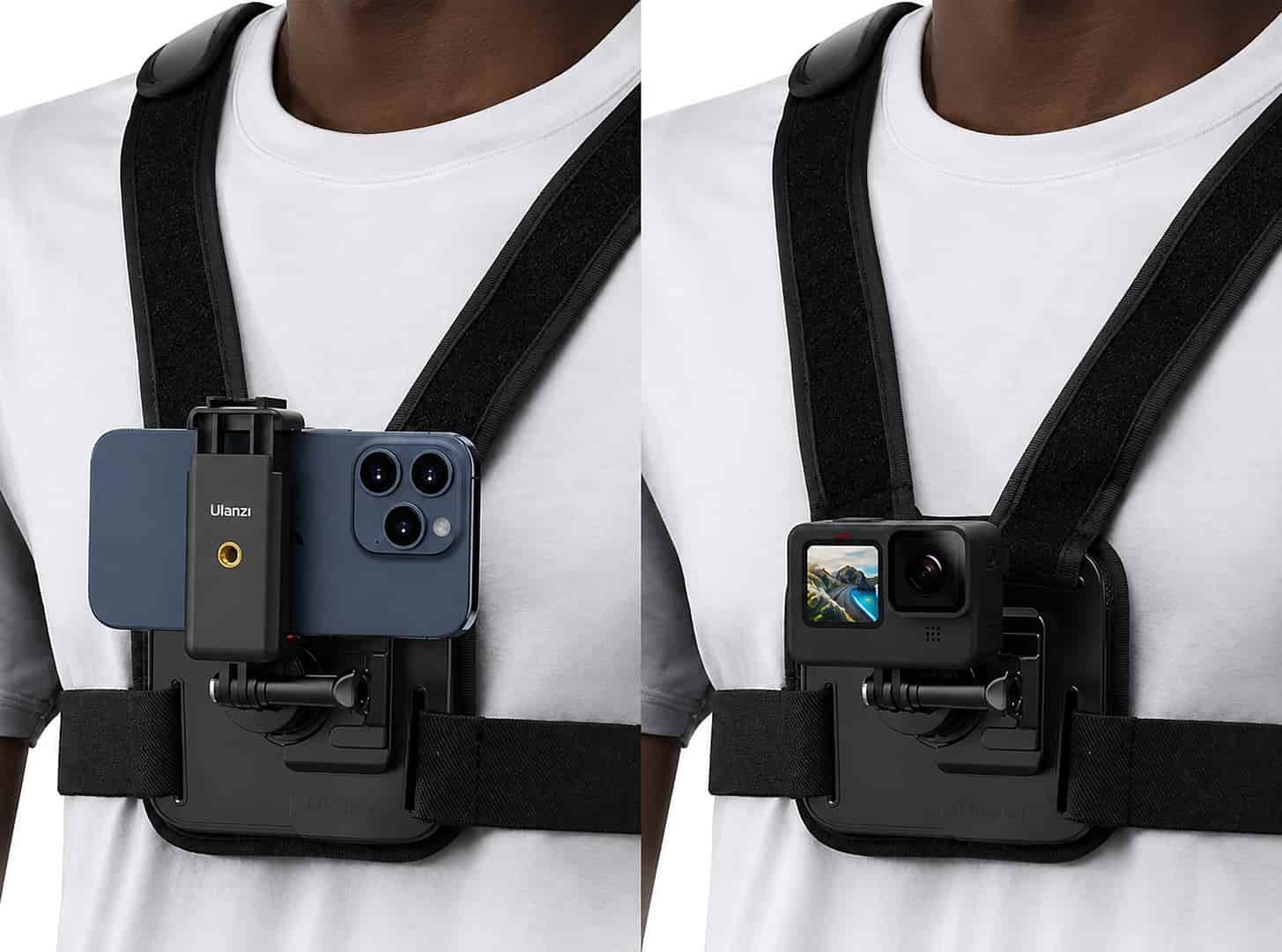 Ulanzi CM028 Go-Quick II Magnetic Chest Mount Harness worn on chest with smartphone mounted.