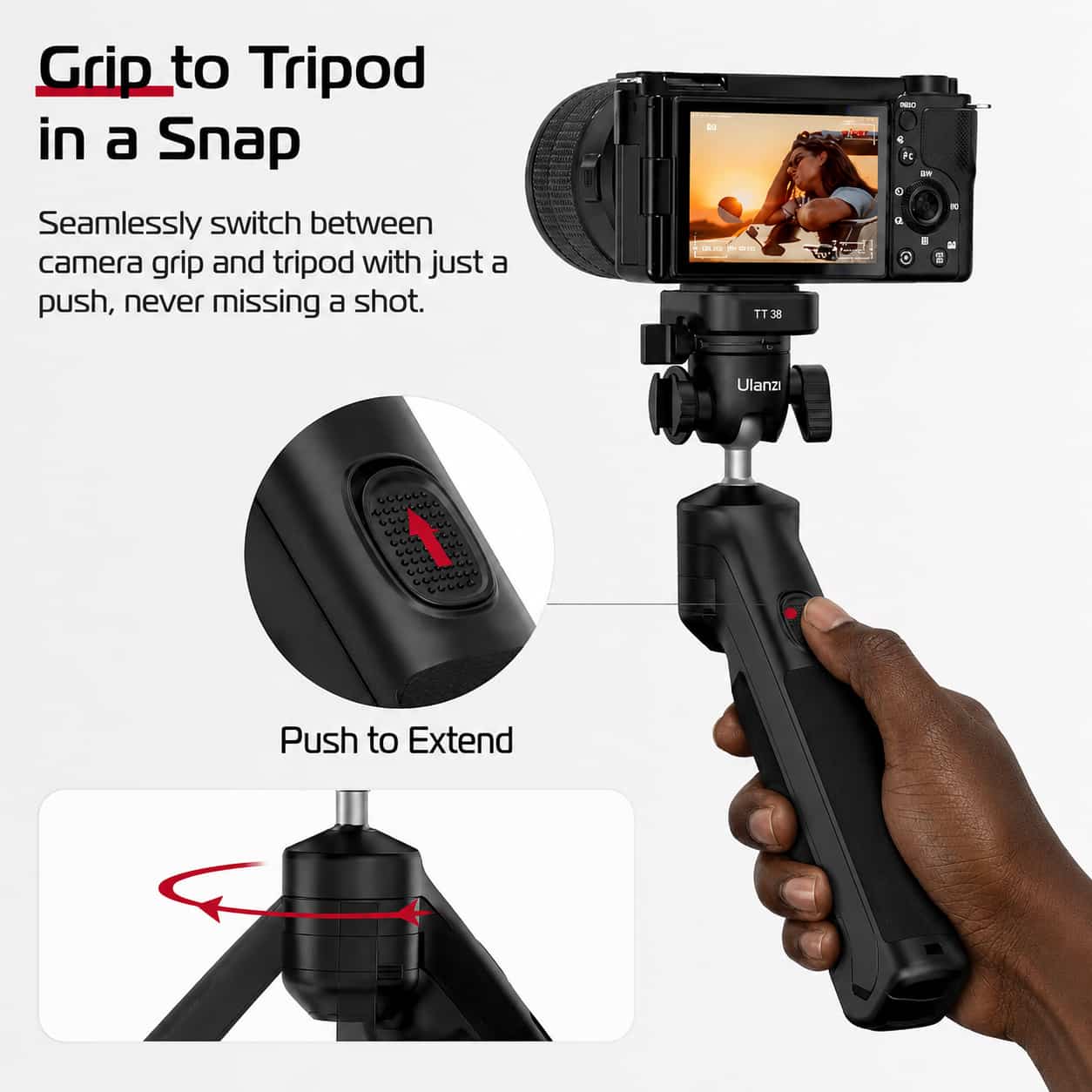 Ulanzi TT38 Tripod lightweight carbon fiber travel camera tripod extended with camera mounted.