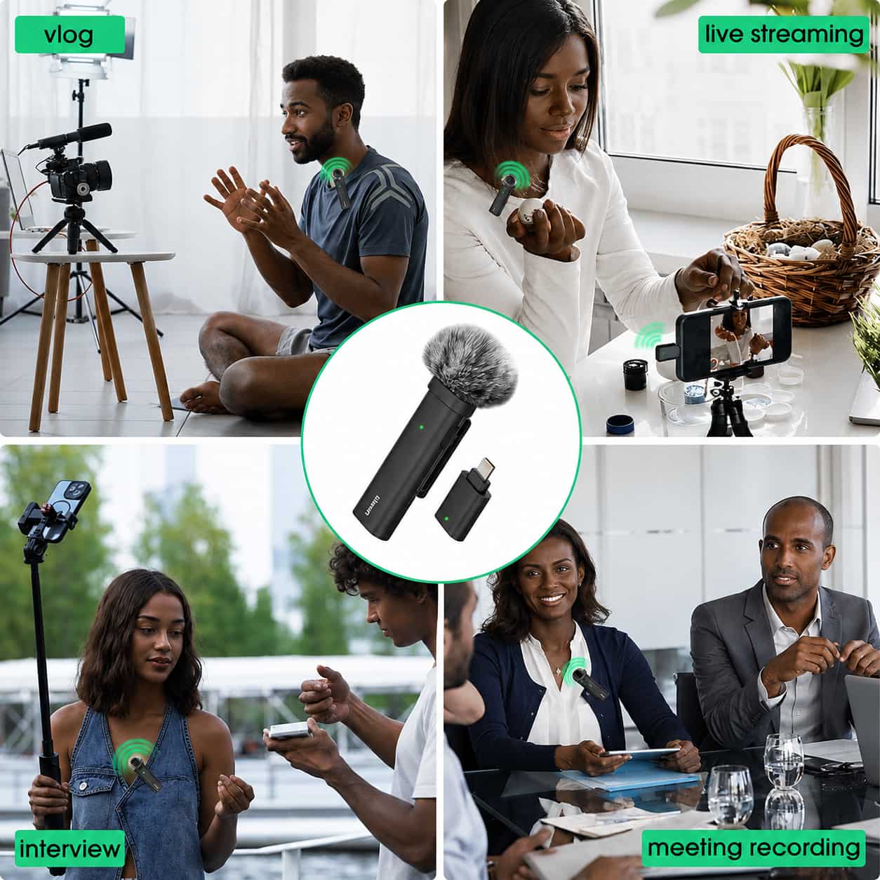 Ulanzi WM-10 Type C / iPhone Wireless Mic clip-on lavalier microphone system.