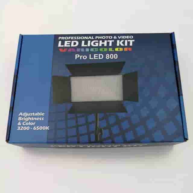 Pro LED 800 RGB video light panel showing full color spectrum output and barn doors